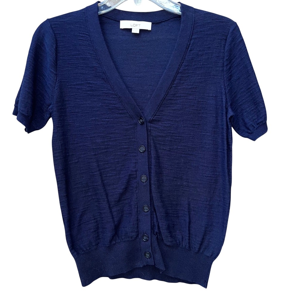 LOFT Navy Blue Cotton Short Sleeve V-Neck Button Front Cardigan Sweater Medium